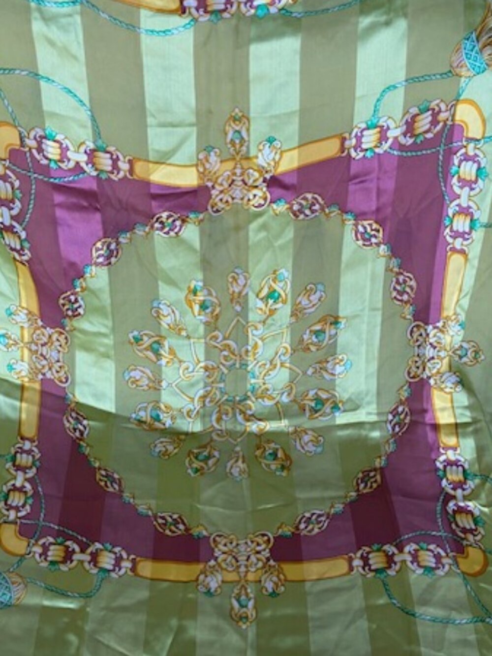 Montagut 34" Square Silk Scarf Vibrant Baroque Inspired Gold Chains Green Ropes